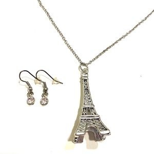 Eiffel Tower Necklace Earrings Set Silver Tone